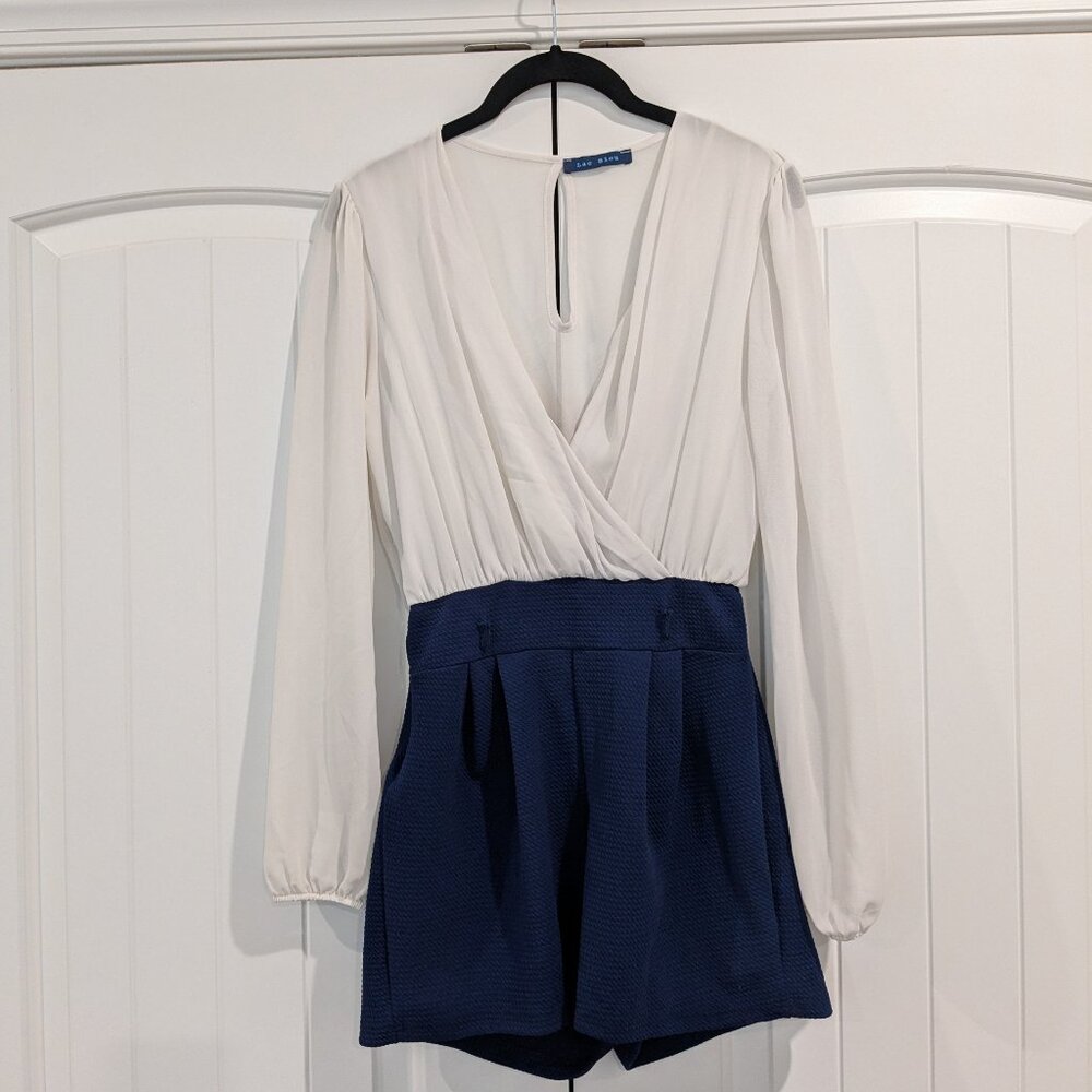 Flowy top with navy bottom jumpsuit/romper